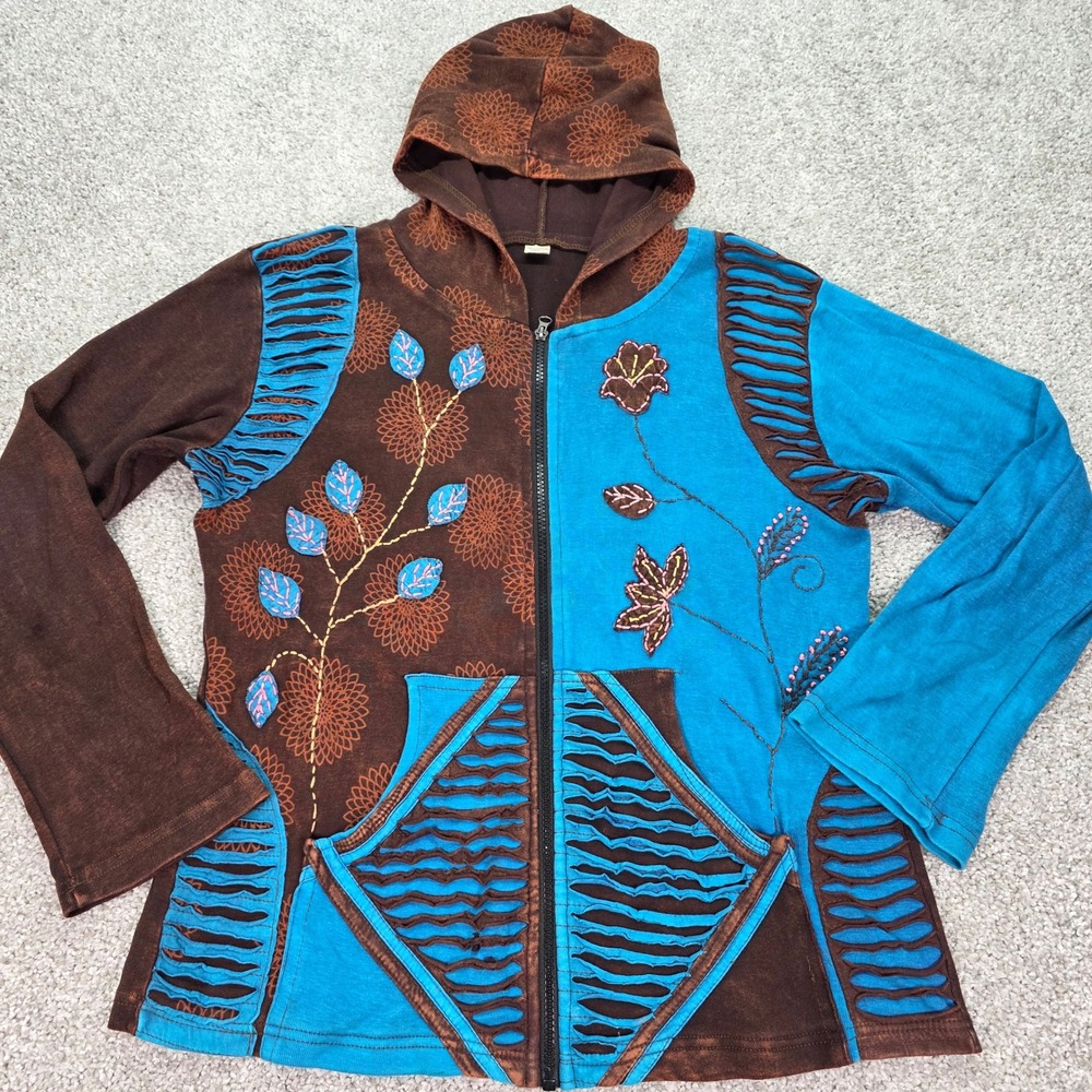 Rising International Boho Artisan Embroidered Zip Hoodie Brown Turquoise Large